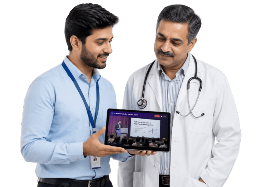A MediSage representative showing a physician a live cardiology session on a tablet.